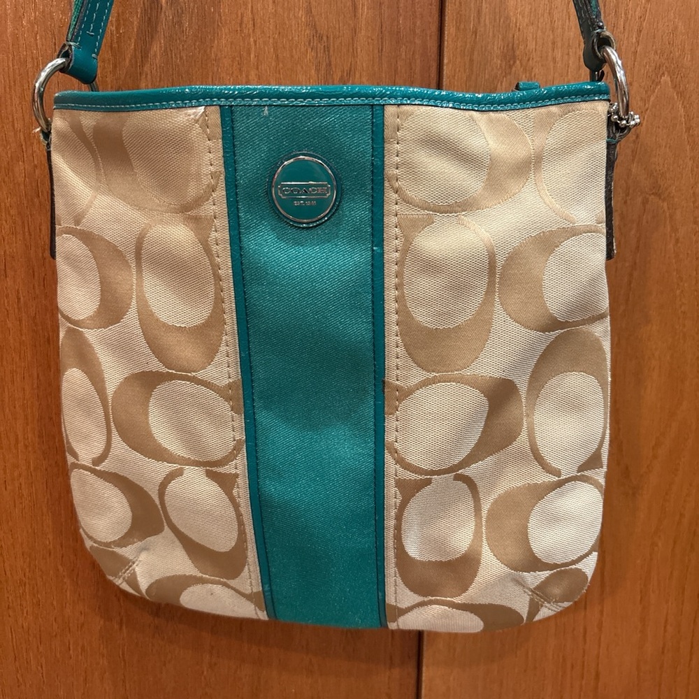 Coach Cream and Green Crossbody Bag with Signature Style